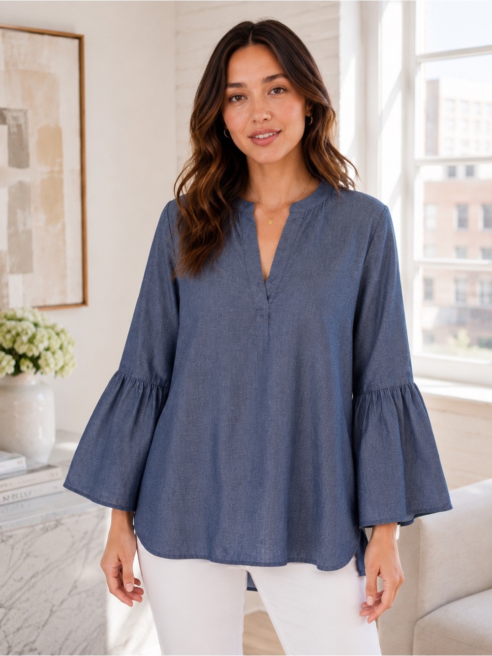 LOFT Chambray Bell Sleeve Blouse Womens XS Blue Lyocell Lightweight Top - Picture 2 of 12